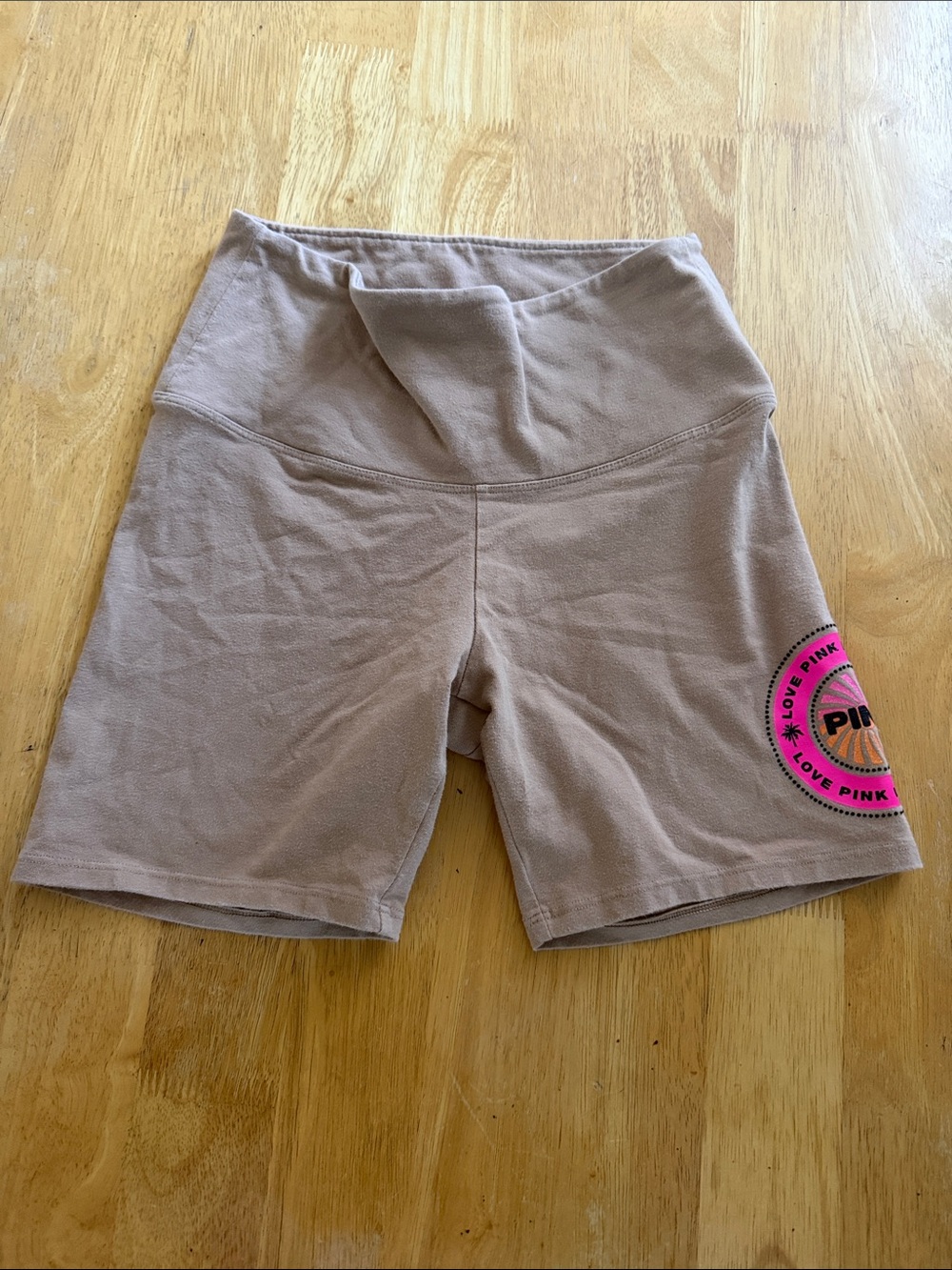 PINK Victoria's Secret Fold-Over Waist Bike Shorts in Taupe with Pink Logo